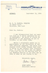 Letter from People’s World to W. E. B. Du Bois