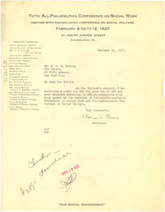 Letter from Pennsylvania Conference on Social Work to W. E. B. Du Bois