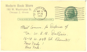 Postcard from Al Rubio to National Committee to Defend Dr. W. E. B. Du Bois and Associates in the Peace Information Center