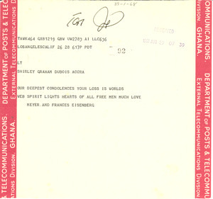 Telegram from Meyer Eisenberg to Shirley Graham Du Bois