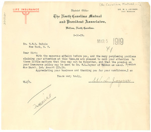 Letter from North Carolina Mutual and Provident Association to W. E. B. Du Bois