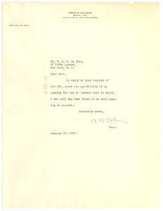Letter from Oberlin College to W. E. B. Du Bois
