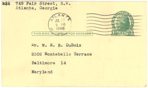 Postcard from Hugh H. Smythe to W. E. B. Du Bois
