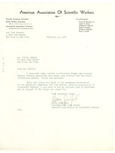Letter from American Association of Scientific Workers to W. E. B. Du Bois