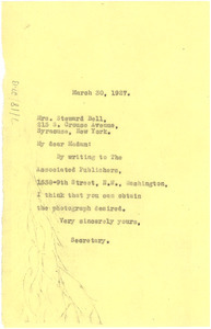 Letter from unidentified correspondent to Mrs. Steward Bell