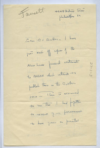 Letter from Arthur Huff Fauset to W. E. B. Du Bois