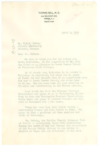 Letter from Pearl T. Bell to W. E. B. Du Bois