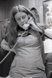 Bernadette Devlin McAliskey on the phone at the WBCN office