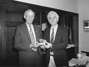 Congressman John W. Olver (left) at presentation of the Cable in the Classroom award