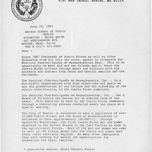 Draft of letter from Festival Puertorriqueño de Massachusetts, Inc. to Bruce Smith at the Harvard School of Public Health about the festival