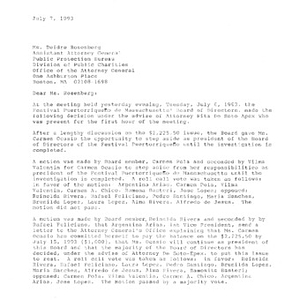 Letter from Argentina Arias to Diedre Rosenberg regarding the decision for Carmen Ocasio to step down as president of Festival Puertorriqueño de Massachusetts, Inc.'s Board of Directors