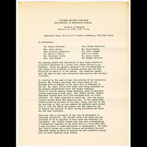 Minutes for Citizens Advisory Committee, Subcommittee on Relocation Housing meeting on February 8, 1966