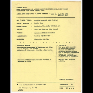 Agenda and flier for "You, your block and urban renewal" Brookledge-Hutchings area meeting on April 26, 1962