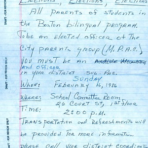 Handwritten draft of notice to parents of bilingual students