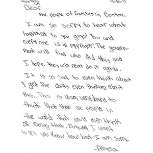 Letter from a student at Canyon Hills Junior High School sent to the City of Boston after the 2013 Boston Marathon bombings (California)