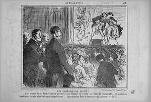 Les COMÉDIENS DE SOCIÉTÉ. - Que je suis donc fâché d'avoir permis à ma femme de jouer la comédie en société.... ce monsieur l'embrasse encore plus fort qu'aux répétitions..... la prochaine fois, je demanderai à jouer ce rôle-là!...