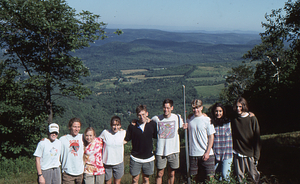 Permanent Plotters summer 1996. Left to right: Susan Halbach (Class of 1997), Ben Montgomery (Class of 1998), Dawn Biehler, Amy Smith, Charles Wall, Tim Billo (All Class of 1997) and Howard Hughes Summer High School Program participants Andrew Erickson (Mt. Greylock Regional H.S.), Tania Magoon (Pittsfield H.S.) and Christopher Bigelow (Hoosac Valley H.S.)