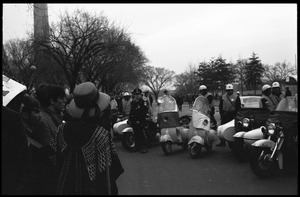 Motorcycle police set up near the Washington Monument during the Counter-inaugural demonstrations, 1969, against the War in Vietnam
