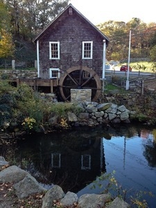 Stony Brook Grist Mill, waterwheel, and millpond in fall color