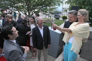 Alec Baldwin with Stephanie Chafee and Governor Lincoln Chafee, at Adams Library, Centrals Falls, R.I.