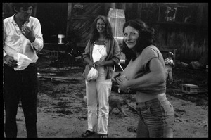 Nina Keller and others in front of the barn, Montague Farm Commune