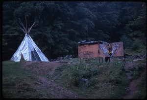 Teepee made of plastic sheeting and painted signboard, Johnson Pasture Commune