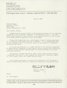 Letter from Edward V. Roberts to Governor Michael Dukakis