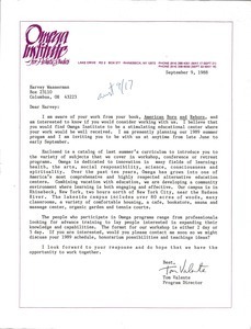 Letter from Omega Institute for Holistic Studies to Harvey Wasserman