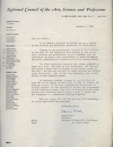 Letter from National Council of the Arts, Sciences and Professions to W. E. B. Du Bois