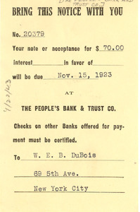 Invoice for $70.00 from People's Bank and Trust