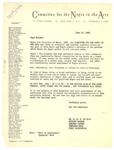 Circular letter from Committee for the Negro in the Arts