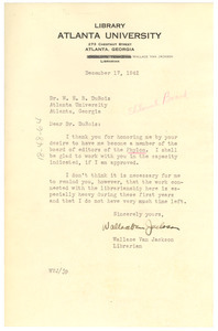Letter from Wallace Van Jackson to W. E. B. Du Bois