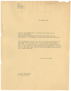 Memorandum from W. E. B. Du Bois to Atlanta University Departments of History and Sociology
