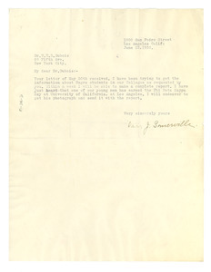 Letter from Vada J. Somerville to W. E. B. Du Bois