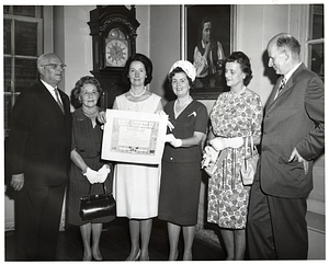 Mark Bortman, Chairman of the Civic Committee of the People-to-People Program; Llora Bortman; unidentified woman holding certificate from The Bostonian Society; Mary Collins; and unidentified woman and man