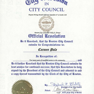 Resolution from Boston City Council to Carmen Pola in recognition of her service to the community