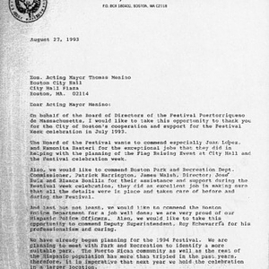 Letter from Argentina Arias to Acting Mayor Thomas Menino in appreciation for the city's cooperation in Festival Puertorriqueño