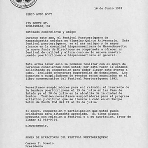 Letter from Carmen Ocasio to Serio Auto Body, requesting donations for Festival Puertorriqueño 1992