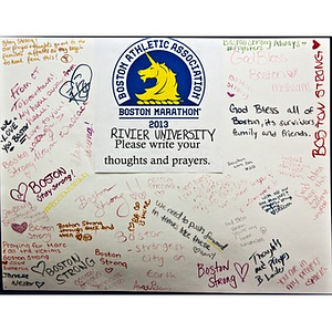 Rivier University signed posters left at the Copley Square Memorial