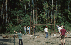 Southern portion of posts and beams at the Moon Barn Raising at entrance to Hopkins Forest on 2 August 1975.