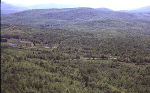 Aerial oblique view Mason Farm to the Birch Hill and Petersburg Mountain on 28 May 1972 in the Hopkins Forest.