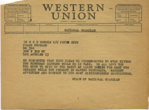Telegram from National Guardian to W. E. B. Du Bois