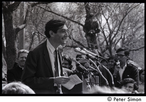 Resistance on the Boston Common: Howard Zinn grinning while addressing the crowd