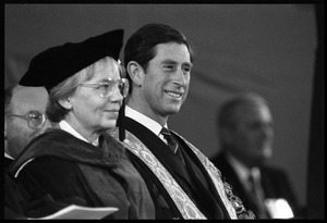 Emily D. T. Vermeule (Harvard faculty) and a smiling Prince Charles at the 350th anniversary celebration of Harvard University