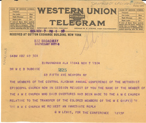 Telegram from Methodist Episcopal Church to W. E. B. Du Bois