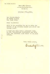 Letter from Sadie Marie Peterson to W. E. B. Du Bois