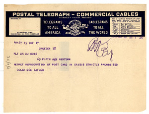 Telegram from Jessie F. Coleridge-Taylor to W. E. B. Du Bois