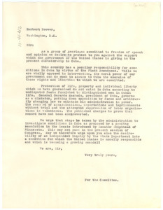 Letter from the International Committee for Political Prisoners to President Herbert Hoover