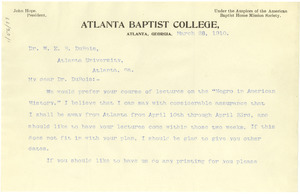 Letter from John Hope to W. E. B. Du Bois