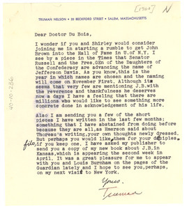 Letter from Truman Nelson to W. E. B. Du Bois